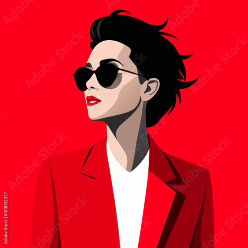 Stylish Woman in Red Blazer and Sunglasses Pop Art Illustration