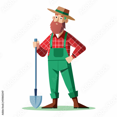 Friendly Farmer with Red Plaid Shirt and Green Overalls Holding Shovel
