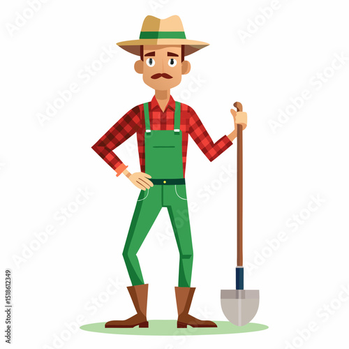 Friendly Cartoon Farmer Holding a Shovel in Green Overalls