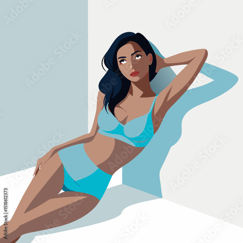 Stylish Woman in Teal Lingerie Relaxing Against a Wall