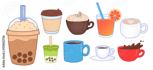 Vector illustration of different coffee, bubble tea, and juice cups. Bright and fun flat illustration of drink objects.
