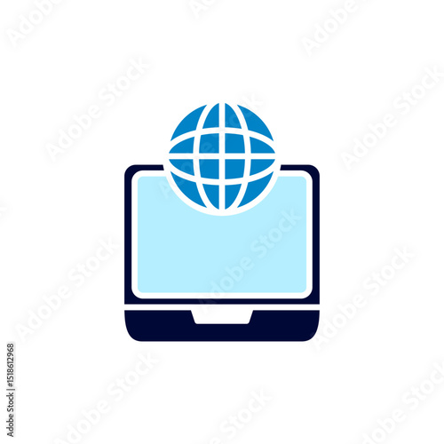 laptop icon with a globe symbol on it, representing internet connectivity, global network, or online access, ideal for topics related to technology, communications, internet, or digital business