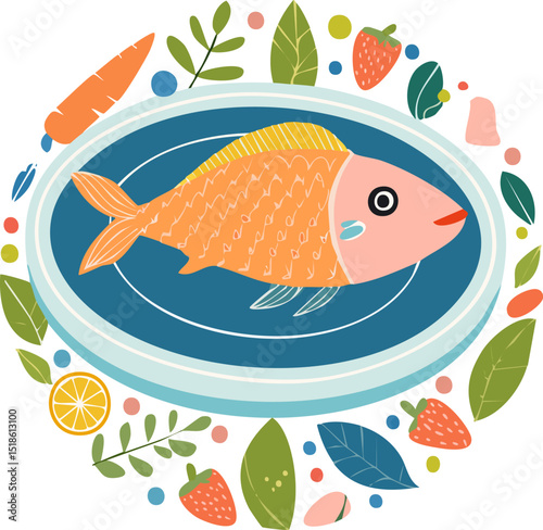 Abstract food posters with fish on plate. Contemporary art print in colorful whimsical style. Italian dolce vita dinner wall art. Vector graphic
