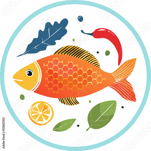 Abstract food posters with fish on plate. Contemporary art print in colorful whimsical style. Italian dolce vita dinner wall art. Vector graphic