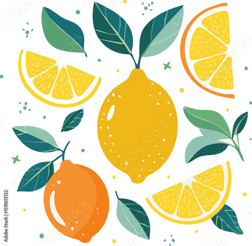 Abstract food posters with fresh lemons. Contemporary art prints in colorful whimsical style. Italian dolce vita dinner wall art. Vector graphic