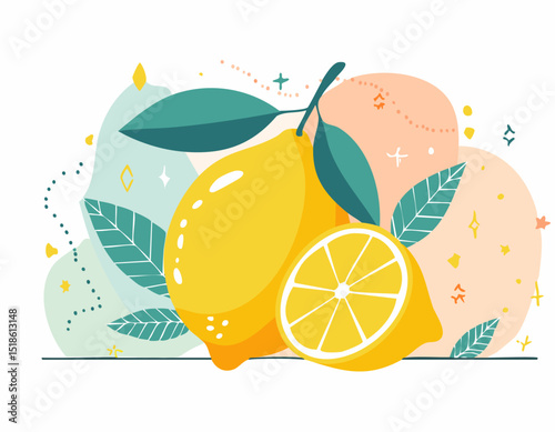 Abstract food posters with fresh lemons. Contemporary art prints in colorful whimsical style. Italian dolce vita dinner wall art. Vector graphic