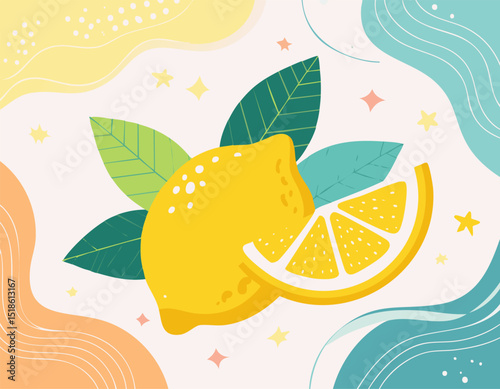 Abstract food posters with fresh lemons. Contemporary art prints in colorful whimsical style. Italian dolce vita dinner wall art. Vector graphic