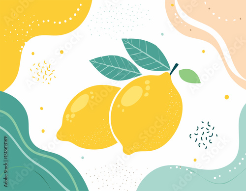 Abstract food posters with fresh lemons. Contemporary art prints in colorful whimsical style. Italian dolce vita dinner wall art. Vector graphic