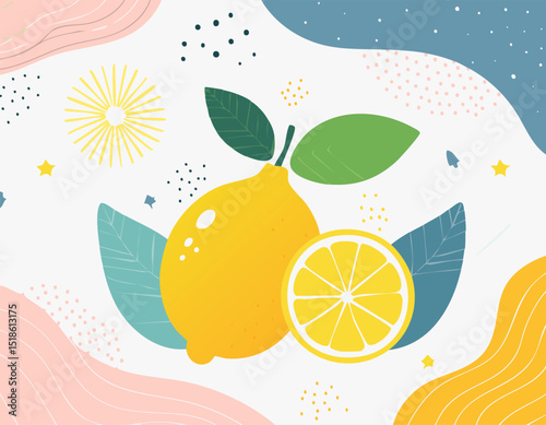 Abstract food posters with fresh lemons. Contemporary art prints in colorful whimsical style. Italian dolce vita dinner wall art. Vector graphic