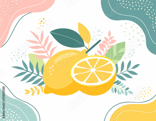 Abstract food posters with fresh lemons. Contemporary art prints in colorful whimsical style. Italian dolce vita dinner wall art. Vector graphic