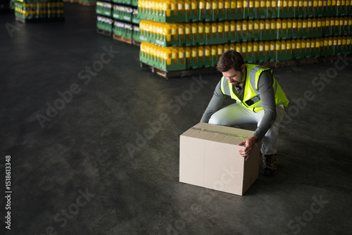 Man in safety vest crouching and lifting box by pallets of bottles in warehouse, copy space