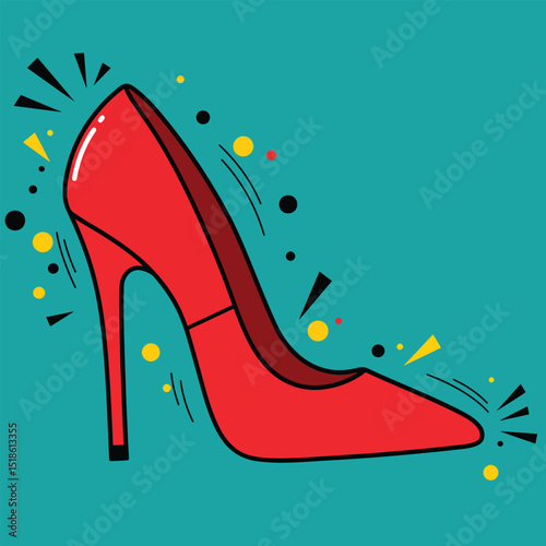 pop art high heel shoe with funky doodle splash and comic lines on solid teal