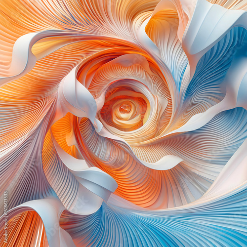 Flowing abstract 3D background with colorful paper-like folds in orange, blue, and beige tones. Surreal wavy texture perfect for modern art, design, wallpapers, and digital creativity