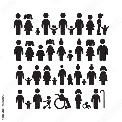 Diverse family pictogram set black icons