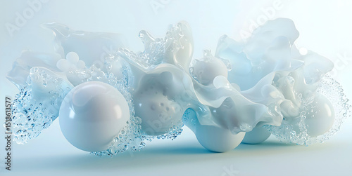 Elegant 3D abstract background with transparent glass bubbles and fluid blue waves. Minimalist and futuristic composition ideal for tech visuals, design concepts, and digital backdrops