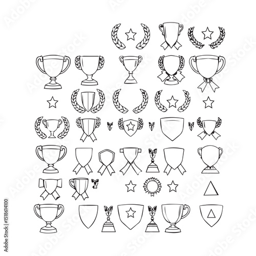 Award icons set trophies cups shields laurels stars
