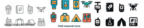 Field research collection, scientific exploration icons. fieldwork and analysis graphics