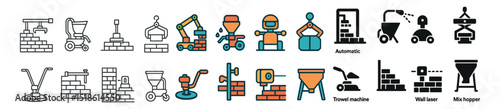 Construction machinery collection, construction equipment icons. building tool set