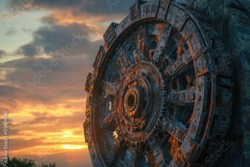 A large, ancient, and weathered stone wheel-like structure stands against a dramatic sky at sunset, hinting at otherworldly origins. photo