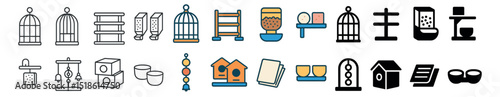 Pet supplies collection, animal care symbols. bird and travel essentials set