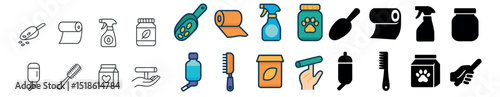 Pet grooming supplies collection, animal care icons. grooming tools and hygiene set