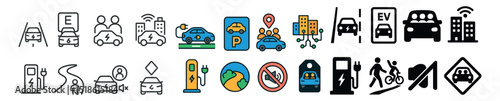 Electric vehicle icon collection, ev charging symbols. sustainable transport set