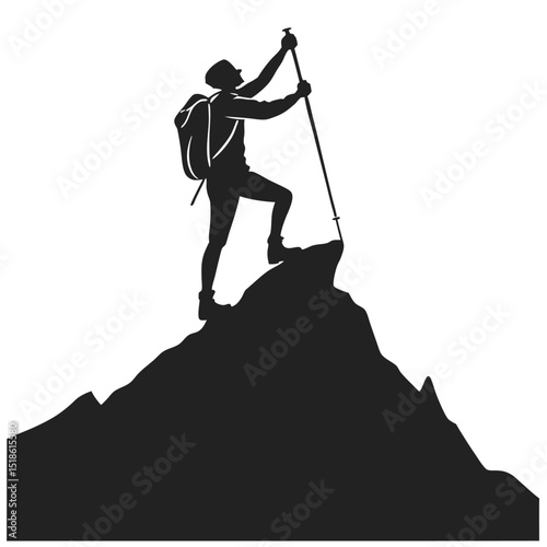 mountain hiking climbing trekking camping silhouette vector icons set flat design illustrations.