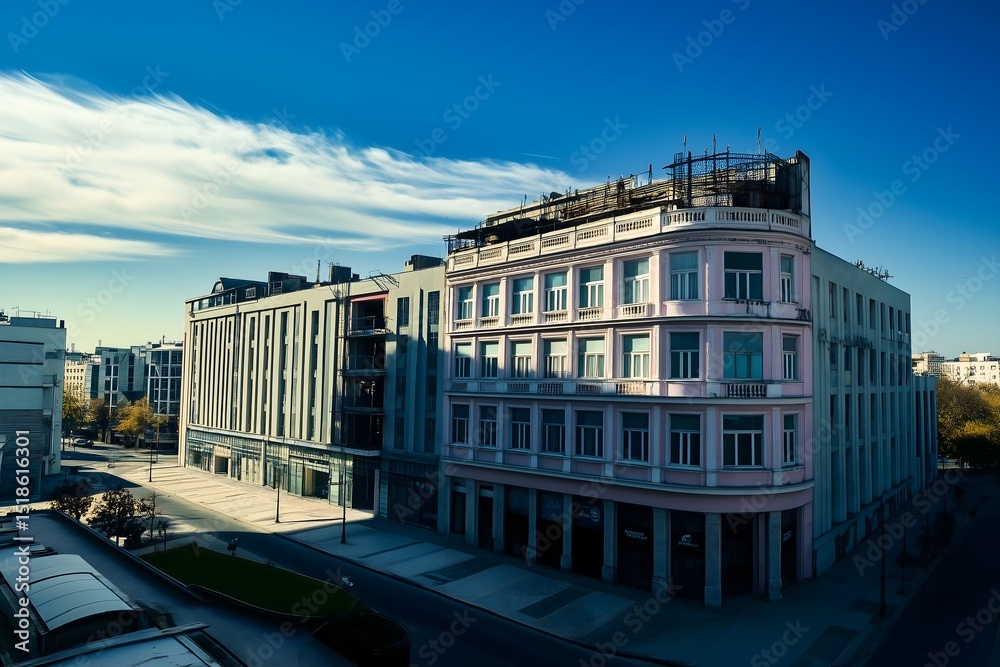 Fototapeta premium Historic and Modern Architecture Blending in Urban Landscape Under Blue Sky