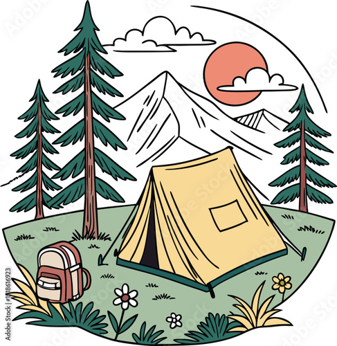 Camping tent and backpack on the background of mountains. Vector illustration.eps