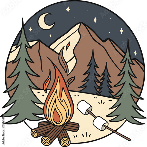 Camping tent and backpack on the background of mountains. Vector illustration.eps