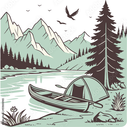 Camping tent and backpack on the background of mountains. Vector illustration.eps