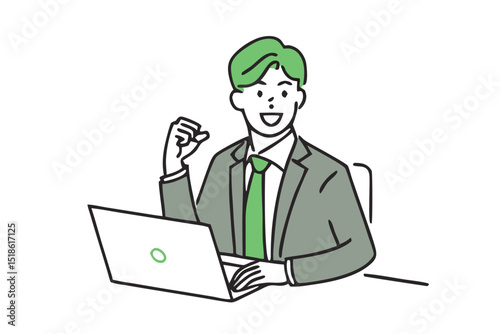 Businessman Working On Laptop. Illustration of a positive businessman full of energy with a smile. Businessman working on a laptop flat illustration and Vector design.