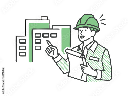 Architect holding a blueprint. Male Engineer Wearing Hardhat Standing In Front Of The Building Construction. 
