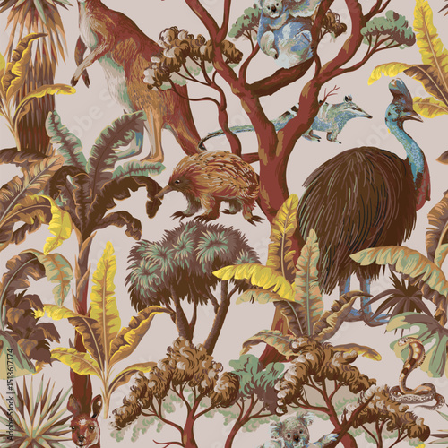 Seamless pattern with Australian animals and trees. Vector.