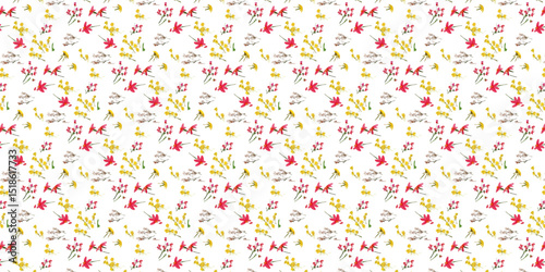 seamless pattern with leaves. Simple seamless floral pattern with delicate pink little rose hips flowers. Fashionable Milflers. Elegant template for fashion prints.