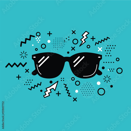 pop art sunglasses icon with playful comic sparks and zigzag doodles on turquoise