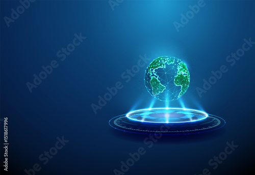 Planet Earth on futuristic podium Global technology, sustainable development, digital transformation, environmental innovation concept