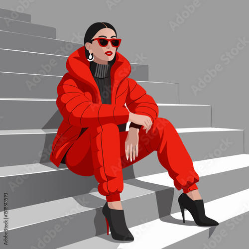 Stylish Woman in Red Puffer Jacket and Pants Sitting on Steps