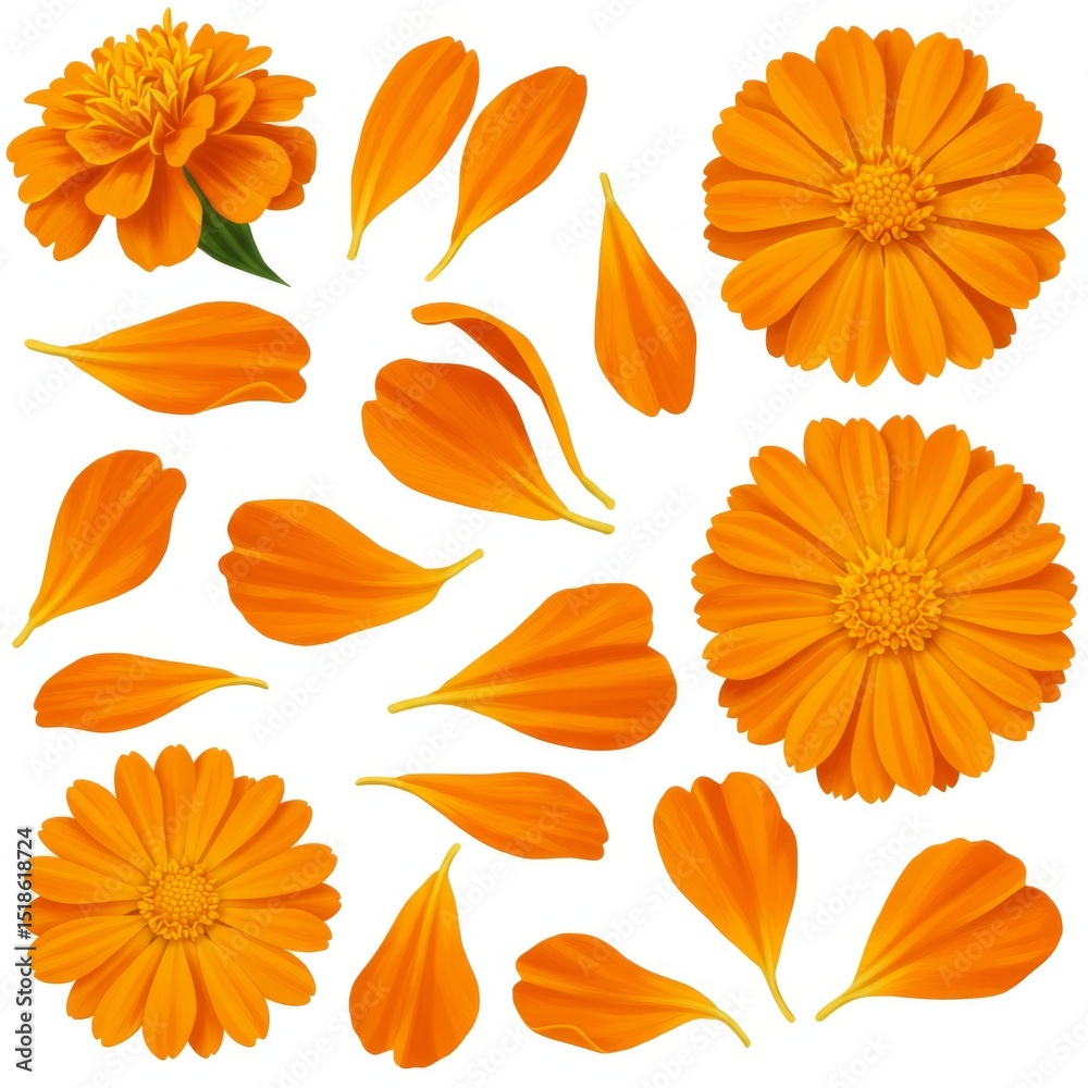Fototapeta premium Orange Marigold Flowers and Petals on White Background