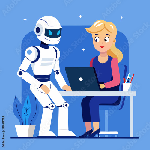 Businesswoman Collaborating with a Robot on a Laptop