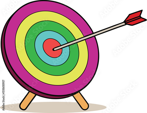 Colorful archery target with an arrow hitting the bullseye, symbolizing accuracy and goal achievement. Simple, vibrant design ideal for business, strategy, and motivation visuals. Vector style artwork