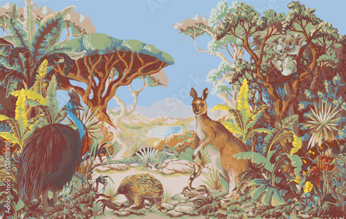 Australian landscape with animals and trees. Vector.