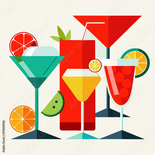 Assorted Colorful Cocktails with Fruit Slices Illustration