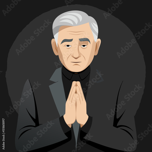 Serious Elderly Man in Suit Praying with Hands Together