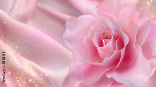 Delicate pink rose on a soft, flowing fabric background.