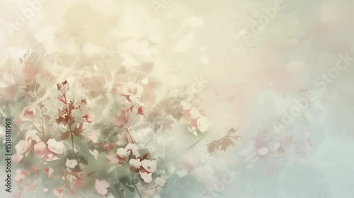 A soft, blurred background featuring delicate pink flowers with green leaves. The scene conveys a serene and tranquil atmosphere, ideal for spring themes.
