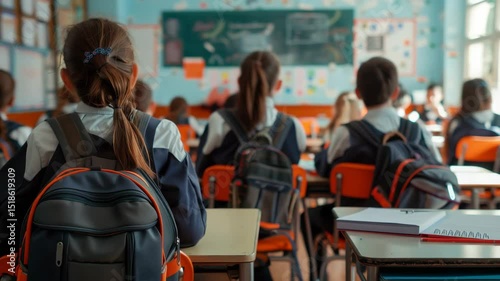 A classroom scene with students sitting at desks. Children are wearing school uniforms and backpacks. The focus is on their backs, with a chalkboard in the background.