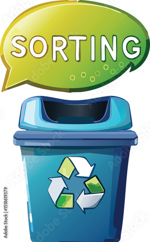 Smart Trash Bin with Speech Bubble Saying “Sorting” – Eco Technology Waste Management Concept