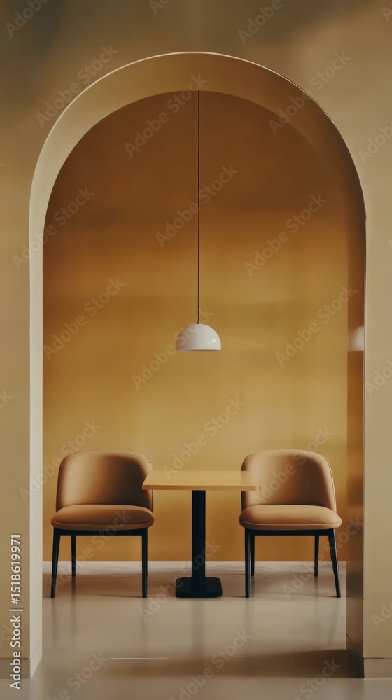 Fototapeta premium Elegant minimalist interior design with archway, table, and chairs in warm tones