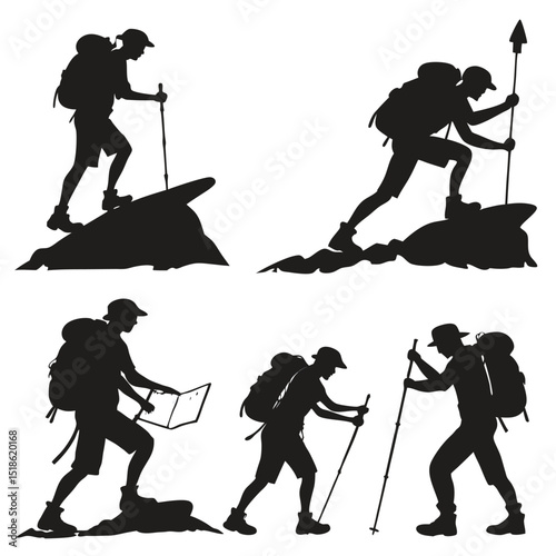Set of silhouettes of tourists and adventurers